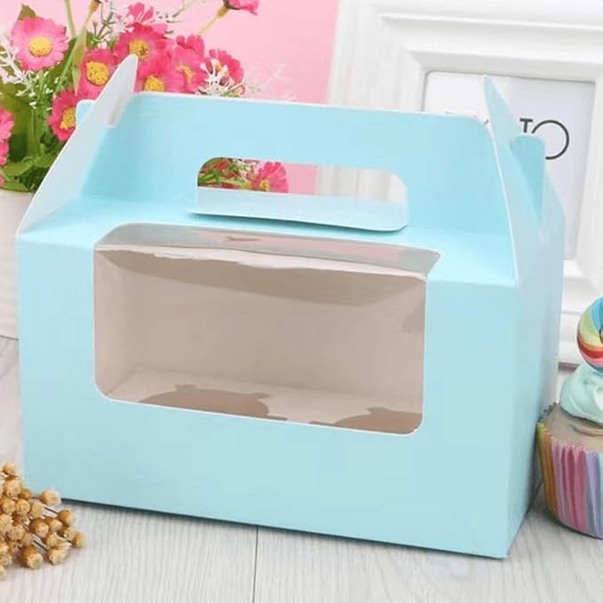 25Pcs Cupcake Containers -2 Holders Individual Cupcake Boxes with Clear Window Inserts and Handle Cupcake Muffins Cupcake Carriers for Birthday Party Wedding Cookies Pastries (Blue)
