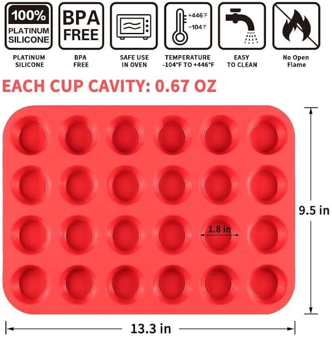 CAKETIME Silicone Mini Muffin Pan, 24 Cups Mini Cupcake Pans Silicone Muffin Tin for Baking Nonstick 2 Pack