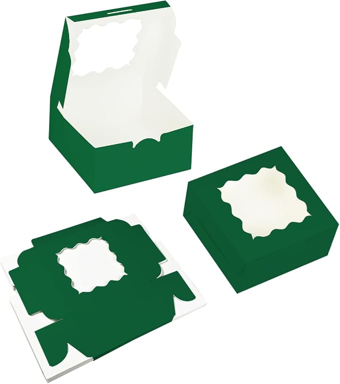 Bakepacker 60pcs Deep Green Cookie Boxes 6x6x3 inches Easy Assemble Macaroon Pastry Boxes Bakery Boxes with Window for Bakery