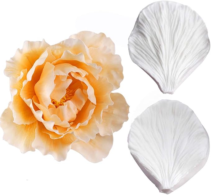 KALAIEN 5pcs Stainless Steel Peony Cutter 2pcs Fondant Silicone Mold Gumpaste Peony Sugarcraft Flower Veining Mold Veiner Petal Making Tool