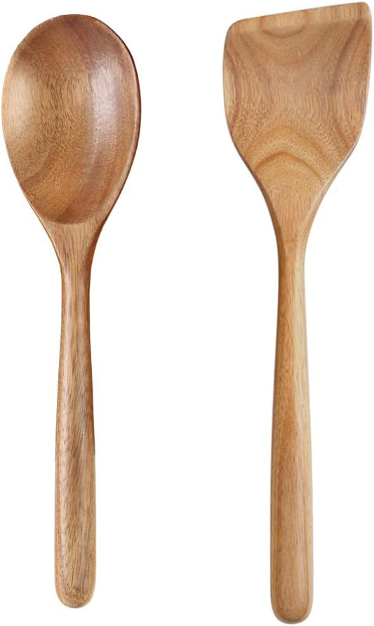 2PCS Acacia Wooden Spoons For Cooking 12-inch Smooth Finish Spatula Spoon And Cooking Spoons-Comfortable Grip Wood Spoons for Cooking - Non-Stick Wooden Cooking Utensils