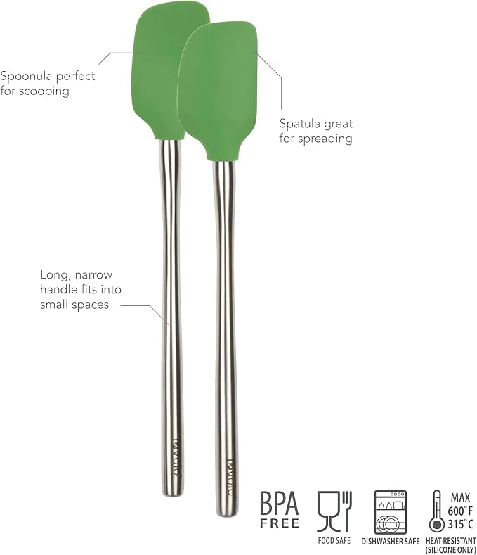 Tovolo Flex Core Mini Silicone Spatula Spoonula Set of 2 for Non Stick Cast Iron Cooking & Baking, Dishwasher Safe Heat Resistant BPA Free Small Stainless Steel Handle Kitchen Utensil, Pesto Green
