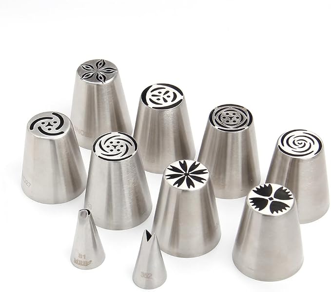 11 Pieces Stainless Steel Icing Tips Set, 8 Medium Russian Tulip Pastry Cupcake Dessert Piping Nozzle,1 Cleaning Brush,1 Ruffle Tip,1 Small Leaf Icing Tip for Cake Decorations