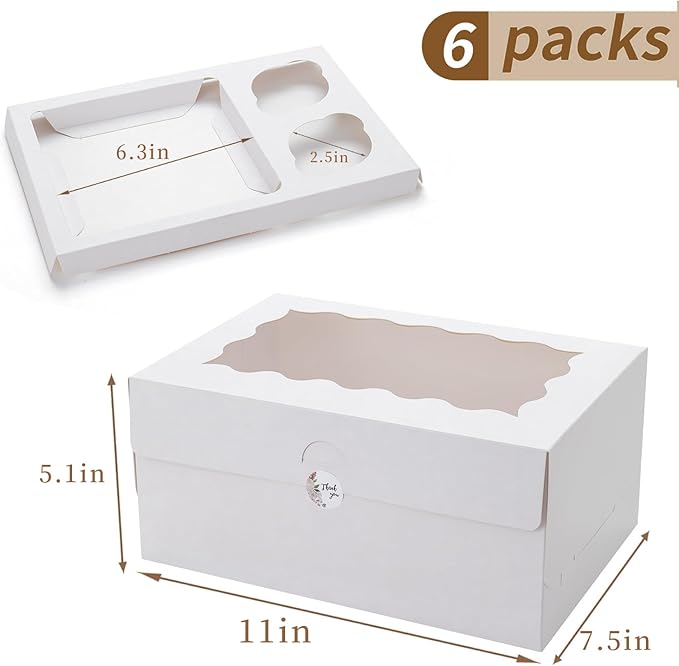 6 Sets Bento Cake Box with Cupcakes, Mini Cake and Cupcake Box with 2 Cupcakes and Tiered Mini Cake