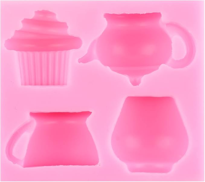 Mujiang Teapot Silicone Mold Tea Cup Fondant Mold Ice Cream Candy Molds Rose Flower Chocolate Mold For Tea Party Cake Decorating Cupcake Topper Polymer Clay Gum Paste Set Of 4
