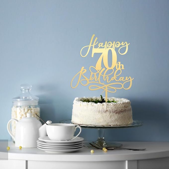 Happy 70th Birthday Cake Topper,Mirrored Gold Acrylic Durable Cake Topper，Hello 70, Cheers to 70 Years/70th Anniversary,70th Birthday Party Cake Decorations，Birthday Party Decorations