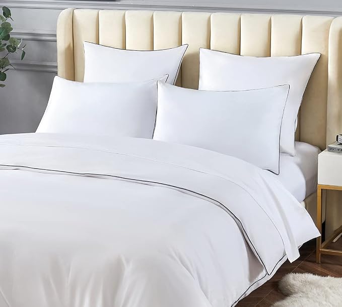 DAUAOTO Duvet Cover Twin/Twin XL Set, White with Decorative Black Piping Microfiber Bedding, 1 Zipper Closure Cover + 1 Standard Sham