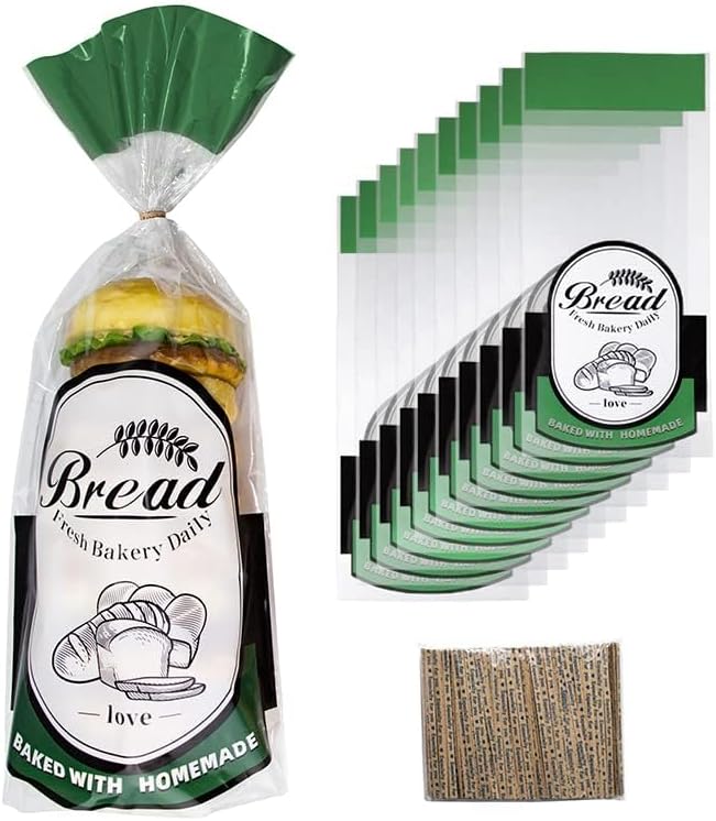 Plastic Bread Bags with Twist Ties, 100 Packs Clear Bread Bags for Homemade Mini Loaf/Donut/Muffin/Bagel - 8 * 18 * 3 inch (Green)