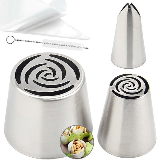 14 PCS Russian Piping Tips Set,Stainless Steel Icing Nozzles for Cake Decorating, Cream Flower Bouquet DIY Cookies, Desserts Baking Tools 1 XXL, 1 XL, 1 Medium Leaf, 10 Piping Bags, 1 Brush