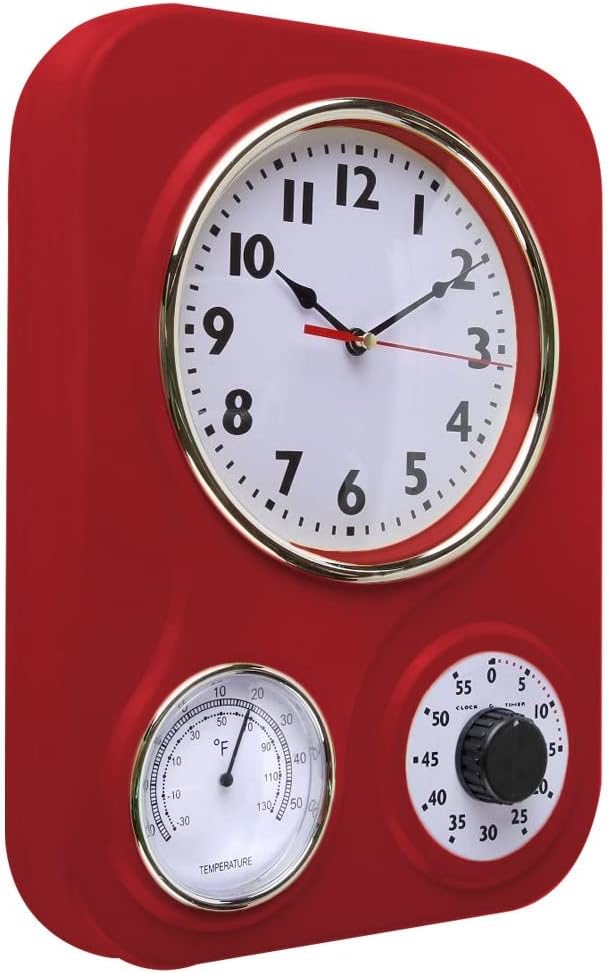 Lily's Home -9 Inch x 12.5 Inch -Retro Kitchen Wall Clock, Vintage Wall Clock with a Thermometer and 60-Minute Timer, Ideal for Any Kitchen, Office, or Diner (Retro Red)