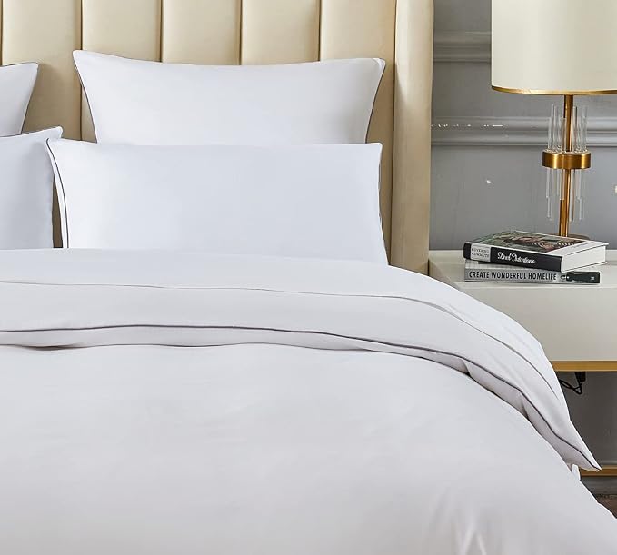 DAUAOTO Twin/Twin XL Bedding Set - 1 Duvet Cover + 1 Pillow Sham, White with Decorative Grey Piping, Dorm Microfiber Bedding