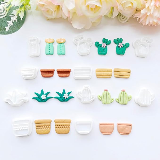 Cute Cactus Polymer Clay Cutters Set - 10pcs Cartoon Succulent Plant & Flower Pot Shapes for DIY Earring Jewelry Making, Soft Clay Crafts, Scrapbooking & Miniature Decor