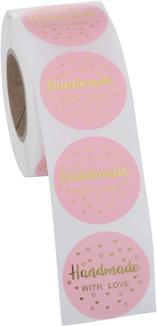 Yoption 1.5 Inch Round Handmade with Love Stickers Pink for Packaging, Cookie Bags, Small Shop Local Handmade, 500 Labels per Roll