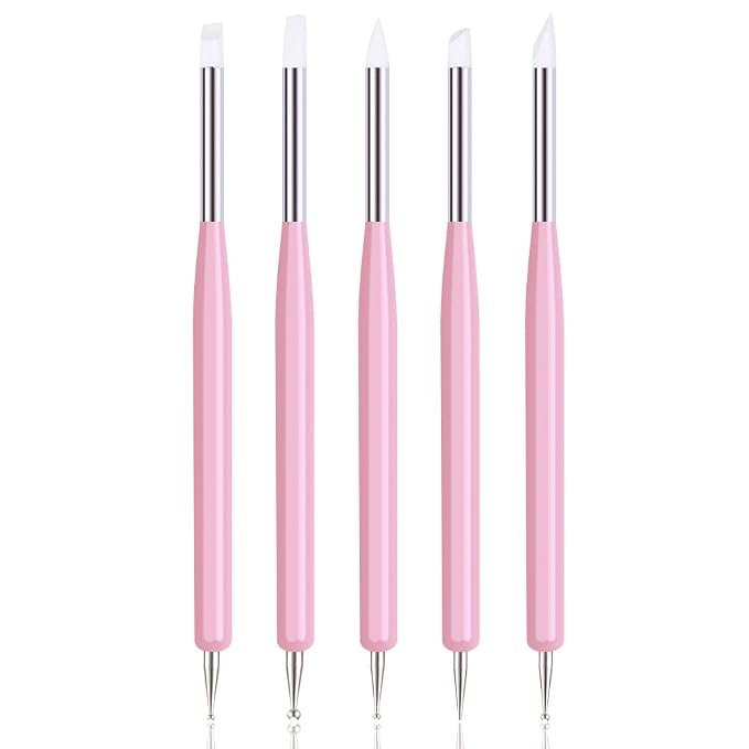 5pcs Nail Art Dotting Tools Pen Dual Head UV Gel Carving Pen Nail Silicone Brushes Set Pottery Clay Sculpting Tools Modeling Painting Drawing Tool DIY Art Craft (Pink)