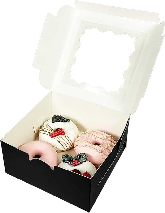 Bakepacker 60pcs Black Cookie Boxes 6x6x3 inches Easy Assemble Macaroon Pastry Boxes Bakery Boxes with Window for Bakery