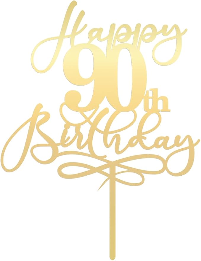 Happy 90th Birthday Cake Topper,Mirrored Gold Acrylic Durable Cake Topper，Hello 90, Cheers to 90 Years/90th Anniversary,90th Birthday Party Cake Decorations，Birthday Party Decorations