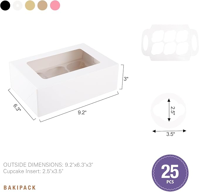 25 Cupcake Boxes, White Cupcake Boxes 6 Count with Window and Inserts, Cupcake Holders for Cupcakes, Muffins, Cookies, Pastries