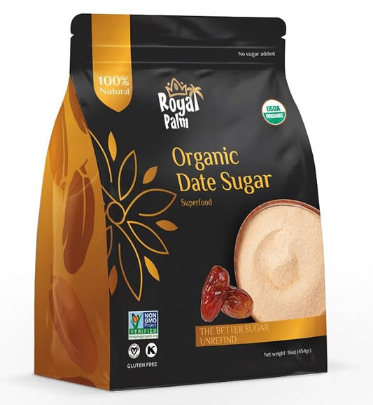 Royal Palm Organic Date Sugar (1LB) - Premium Natural Sweetener - Ideal Baking Sugar Substitute - High-Fiber Vegan & Paleo Alternative - Gluten-Free & Kosher - Non-GMO - 16oz Pack - USDA Certified