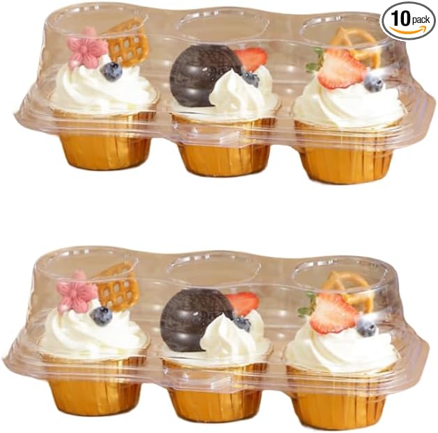 Clear Cupcake Containers with 3 Compartment Disposable Plastic Cupcake Carrier Holder Box- BPA-Free Keep Your Cupcakes (10)