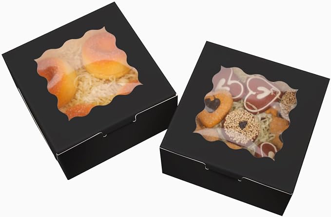 Bakepacker 100pcs Black Bakery Boxes with Window 6x6x3 inches Thick & Sturdy Macaroon Pastry Boxes Cookie Boxes for Bakerys
