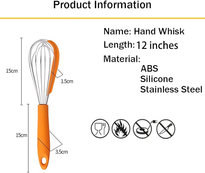 Silicone Wire Whisks Stainless Steel 12 inches Non Stick Orange Hand Dough Whisk Tiny Ballon Whisks for Cooking Matcha Tea Whisk with Spatulas