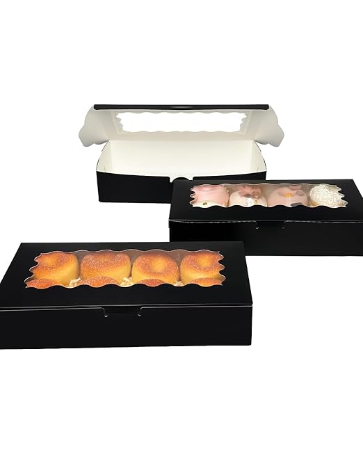 qiqee 50 Packs Black Cookie Box with Window 12x5.5x2.5 Inch Two Uses Pastry Biscuit Bakery Box For Packaging