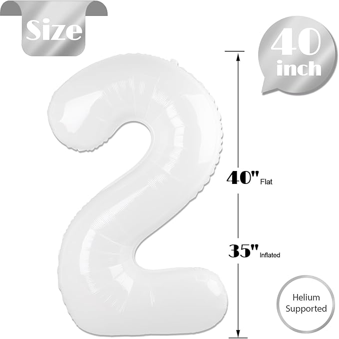 White 2 Balloon, Translucent Number Balloons 40 Inch, 2nd Balloon Number Birthday Decorations, Second Two Birthday Party Supplies, Number 2 Balloon