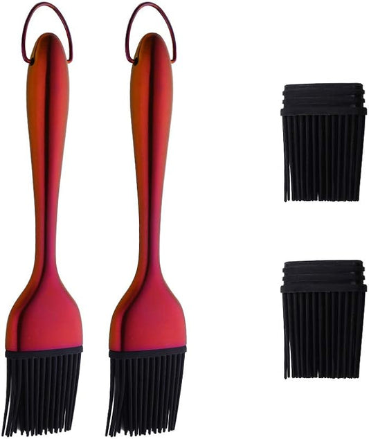 2 Pack Grill Basting Brush with 2 Pack Back Up Silicone Brush Heads, No Shed Bristles Stainless Steel Handles Heatproof Rust Resistant, Pastry Brushes for Kitchen Cooking BBQ, Dishwasher Safe Orange