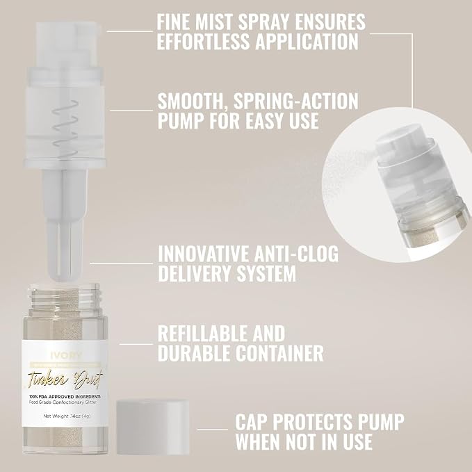 Bakell - Ivory Tinker Dust (4g, 1x Mini Spray Pump) Edible Glitter for Food, Desserts, and Baked goods!