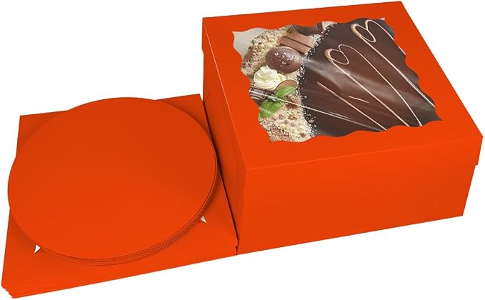 Bakepacker 36pcs 12x12x6 Inches Cake Boxes with Window 18-Packs Orange 12 Inch Bakery Boxes (18 Cake Boxes +18 Cake Boards)