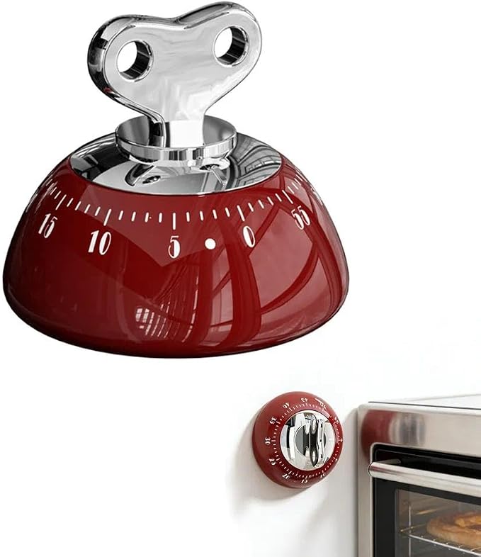 Retro Kitchen Timer Magnetic Mechanical 60 Minute Wind Up Timer No Batteries, Loud Alarm Timer for Cooking, Baking, Classroom, ABS Portable Kitchen Timer, Magnetic Mechanical Timing（Red ）