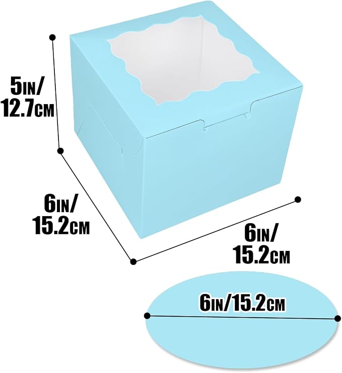 Bakepacker 36pcs 6x6x5 Inches Cake Boxes with Window 18-Packs Light Blue 6 Inch Bakery Boxes (18 Cake Boxes +18 Cake Boards Included)