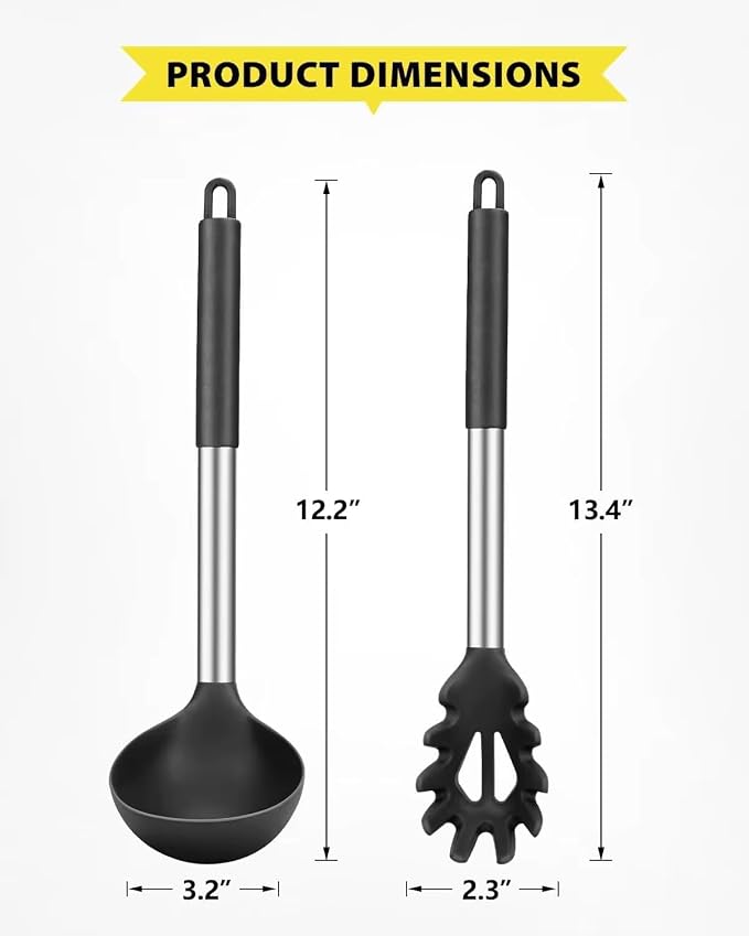Premium Kitchen Utensil Set, 4-Piece Silicone and Stainless Steel Cooking Tools, Black Spatula, Ladle, Pasta Server and Turner with Hanging Hooks