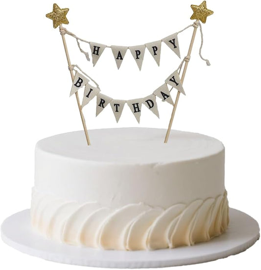 Banner Happy Birthday Cake Topper Ivory Handmade Pennant Flags Garland with Wood Pole Happy Birthday Topper for Cake Party Supplies Decorations (with Gold Star)