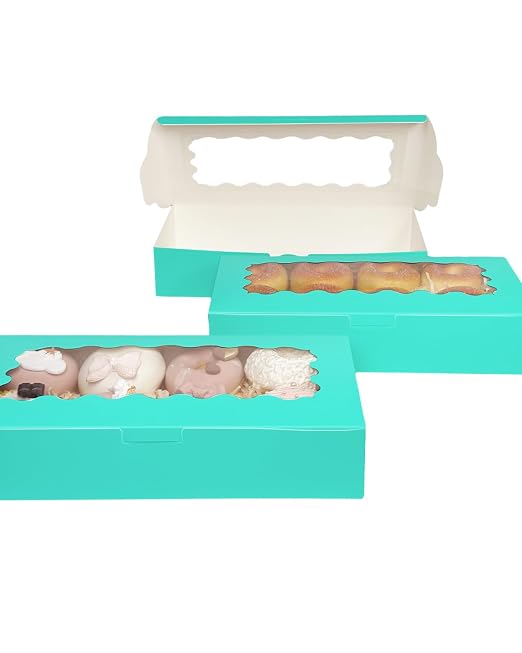 qiqee 50 Packs Mint Blue Cookie Box with Window 12x5.5x2.5 Inch Two Uses Pastry Biscuit Bakery Box For Packaging