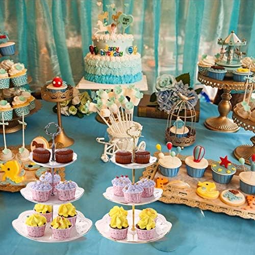 3-Tier Porcelain Embossed Cupcake Stand - Pure White Rimmed with Gold Dessert Cake Stand - Pastry Serving Tray Platter for Tea Party, Wedding and Birthday
