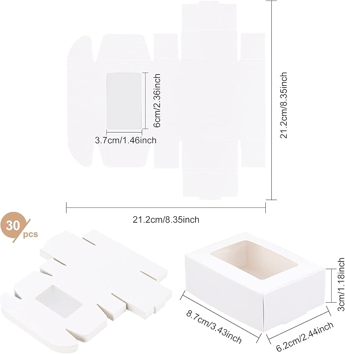 BENECREAT 30 Pack White Kraft Paper Boxes with Clear Window 3.3x2.3x1.1 Inch Gift Packaging Boxes for Bakery Cookies Cake Candy Wedding Party Favors