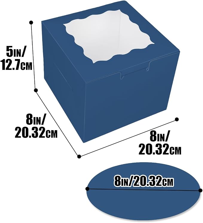 Bakepacker 36pcs 8x8x5 Inches Cake Boxes with Window 18-Packs Ink Blue 8 Inch Bakery Boxes (18 Cake Boxes +18 Cake Boards Included)