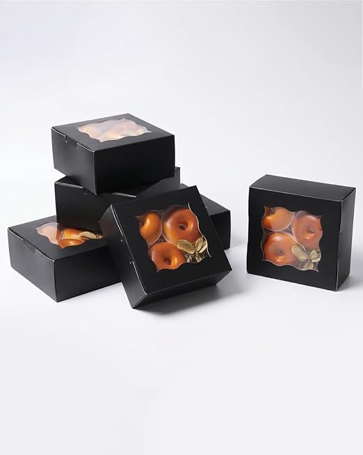 Bakepacker 240pcs Black Cookie Boxes 6x6x3 inches Easy Assemble Macaroon Pastry Boxes Bakery Boxes with Window for Bakery