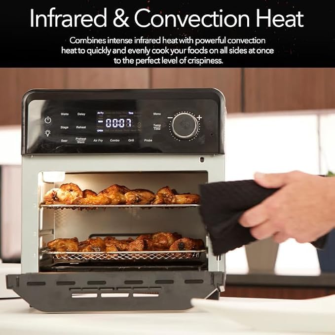 Nuwave Smart Air Fryer Oven with POWERPORT™ Plug-In Grill for Dual-Zone Efficient Cook, 100 in 1 Advanced Convection Toaster Oven Countertop w/Insulated 2-Glass Door, 450°F Preheat, Stainless Steel