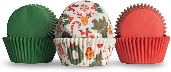 500 Paper Cupcake Liners, Muffin Liners or Baking Cups for Desserts, Muffins, Cupcakes and More Treats; Grease Proof, Food Grade, Nut Serving Containers (Christmas)