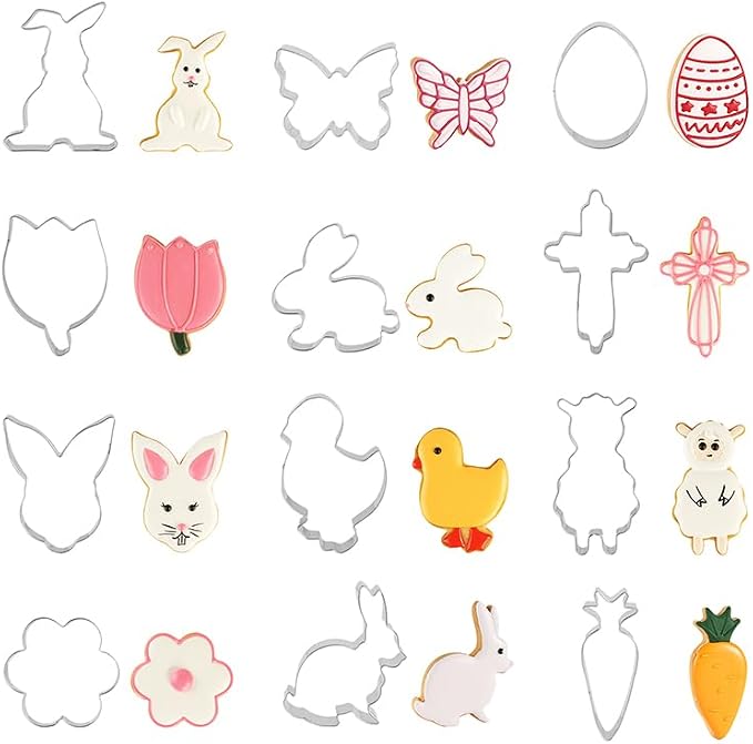Easter Cookie Cutter Set, 12 Pieces Easter Bunny, Egg, Bunny Face, Lamb, Butterfly, Carrot, Chicken etc. Shapes, Metal Biscuit Molds for Spring/Holiday Baking