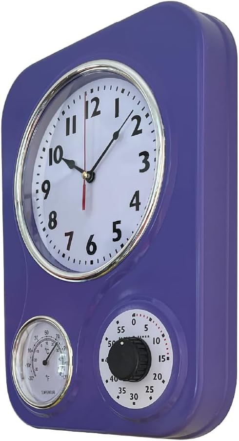 Lily's Home - 9 Inch x 12.5 Inch - Retro Kitchen Wall Clock, Vintage Wall Clock with a Thermometer and 60-Minute Timer, Ideal for Any Kitchen, Office, or Diner (Purple)