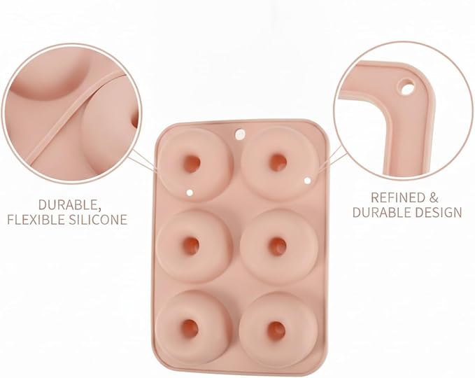 6-Cavity Silicone Donut Pan, Flexible Baking Mold for Easy Release, 6.5 x 4.1 Inch Mini Donut Maker Tray, Pink