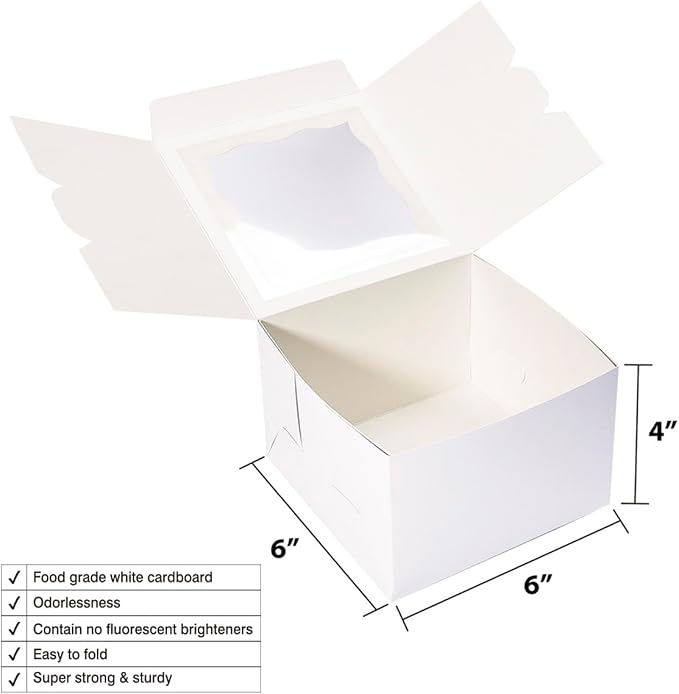 Cookie Boxes with Window 6x6x4 Inch 50 Pack Premium White Bakery Boxes for Individual Cheesecake,Cupcake,Dessert,Pastries,Mini Bundt Cake and Muffin