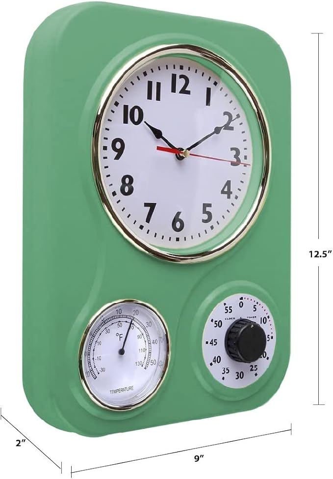 Lily's Home -9 Inch x 12.5 Inch - Retro Kitchen Wall Clock, Vintage Wall Clock with a Thermometer and 60-Minute Timer, Ideal for Any Kitchen, Office, or Diner (Retro Green)