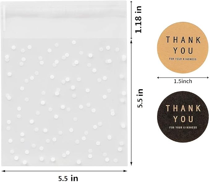 400PCS White Polka Dot Treat Bags Set Self Adhesive Candy Cookie Bags Set, 200 Cellophane Bags + 200 Thank You Sticker for Bakery Biscuit Chocolate Snacks Dessert (5.5x5.5Inches)