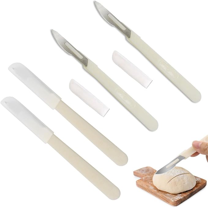 4 Pack Bread Lame Dough Scoring Tool Hand Crafted Sourdough Scorer Knife Razor Blade Cutter Slashing Tool for Bread Making European Baguette Flower Patterns Booklet Homemade Kitchen Baking