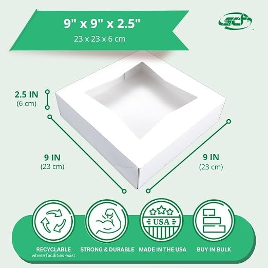 SCT White Window Bakery Box (24 Pack) 9x9x2.5, Auto Pop-Up Containers for Pies, 9 inch Bakery Pack, Cookie Box with Window, 24133-24