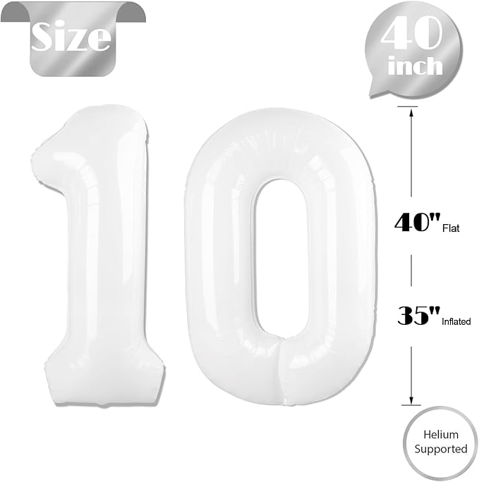 White Number 10 Balloon 40 inch, 10 Number Balloons, 10th White Birthday Decorations for Girls Boys, 10 Year Old Party Supplies